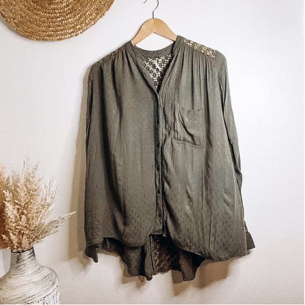 Free People "The Best Blouse' Button Top Crochet Open Back in Forest Green Small
